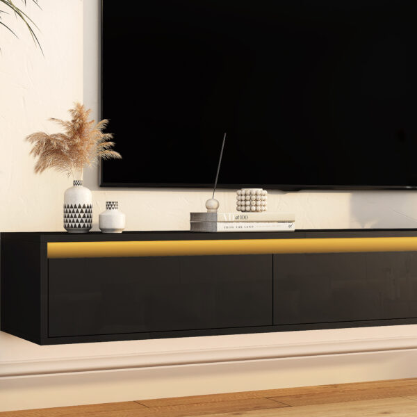 Floating TV Stand, Wall Mounted TV Shelf With Led Lights & Power Outlet,High Gloss TV Cabinet For Black Tv Stands For Living Room - Image 8