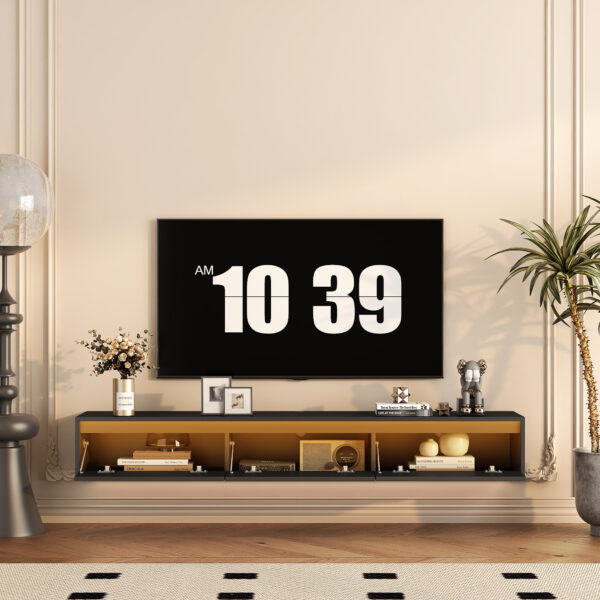 Floating TV Stand, Wall Mounted TV Shelf With Led Lights & Power Outlet,High Gloss TV Cabinet For Black Tv Stands For Living Room - Image 2