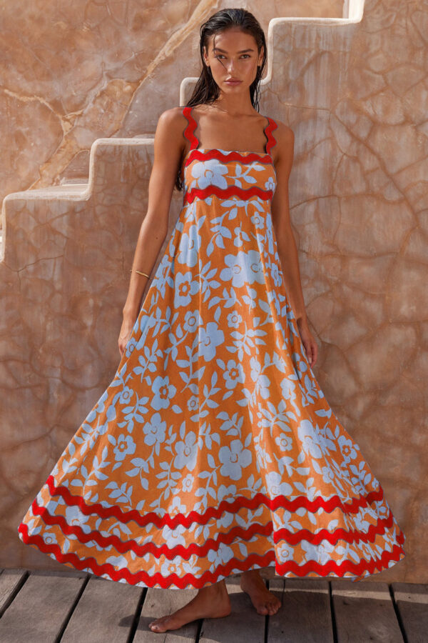 Flowers Print Wavy Pattern Suspender Long Dress For Women Fashion A-Line Beach Dresses Womens Clothing - Image 2