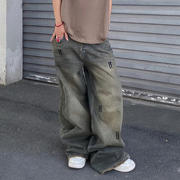 Street Cool Style Loose Design Wide Leg Trousers Loose Distressed Printed Jeans - Image 3