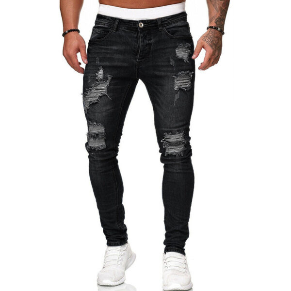 Fashion Street Style Ripped Skinny Jeans Men Vintage Wash Solid Denim Trouser Mens Casual Slim Fit Pencil Denim Pants - Image 7