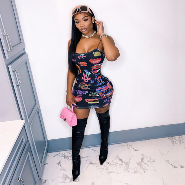 Aesthetic Printed Sling Bodycon Mini Dress Sexy Club Outfits For Fashion Women Summer Lounge Wear Y2k Clothes - Image 3