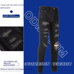 Men's Jeans Black Cat Beard Stick-on Crystals Jeans Youth Slim Fit Skinny Pants