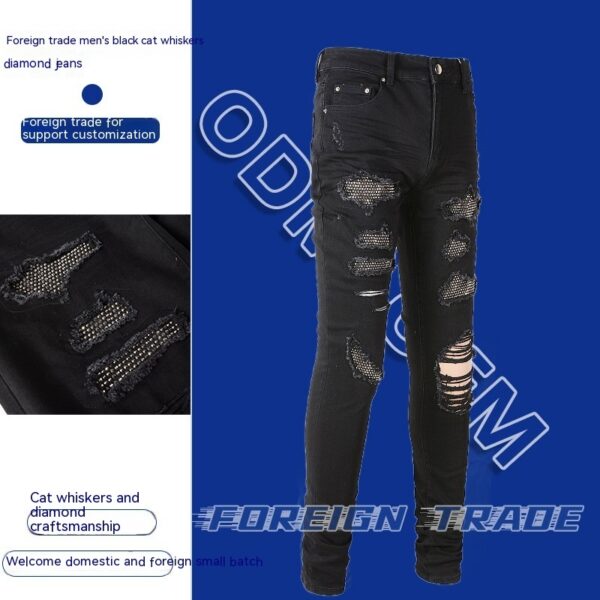 Men's Jeans Black Cat Beard Stick-on Crystals Jeans Youth Slim Fit Skinny Pants