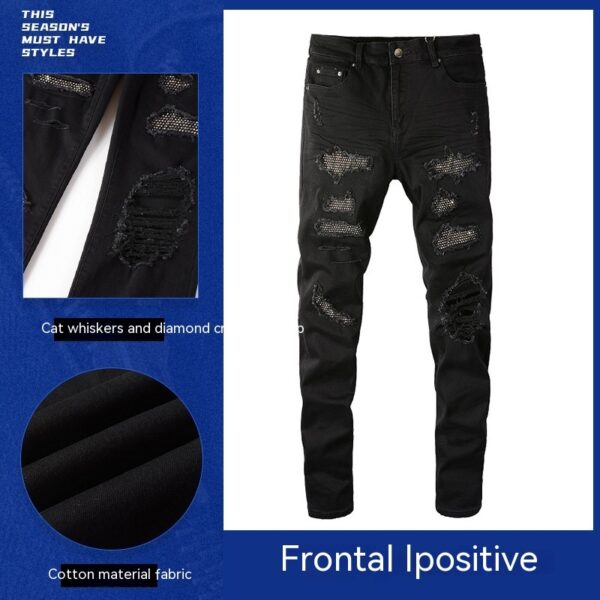 Men's Jeans Black Cat Beard Stick-on Crystals Jeans Youth Slim Fit Skinny Pants - Image 4