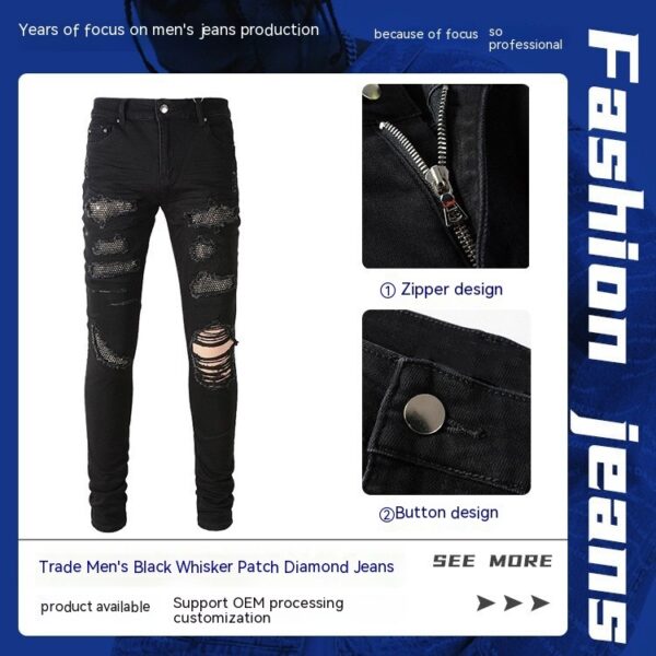 Men's Jeans Black Cat Beard Stick-on Crystals Jeans Youth Slim Fit Skinny Pants - Image 2