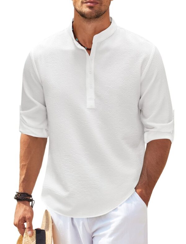Men's Casual Shirt  Long Sleeve Stand Collar Solid Color Shirt Mens Clothing - Image 10