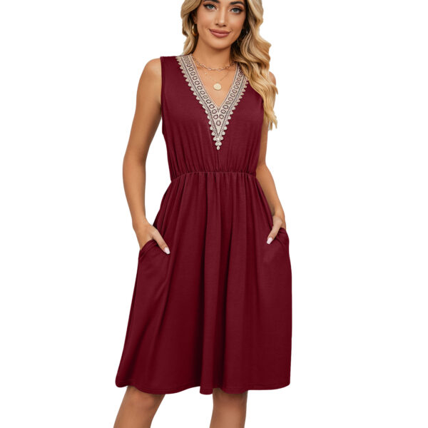 Lace Panel Sleeveless Dresss With Pocket V-neck Dresses For Women - Image 4