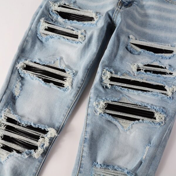 Leather Patched Holes, Elastic Slim Fitting Jeans For Men - Image 6