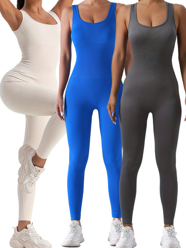 3 Pack Women's Ribbed Solid Color One-Piece Jumpsuit, Form-Fitting Sensual Activewear, Classic Sleeveless Full-Length Pants For Sport Casual Wear - Image 9