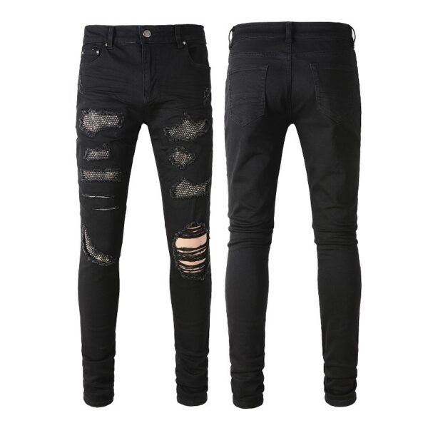 Men's Jeans Black Cat Beard Stick-on Crystals Jeans Youth Slim Fit Skinny Pants - Image 5