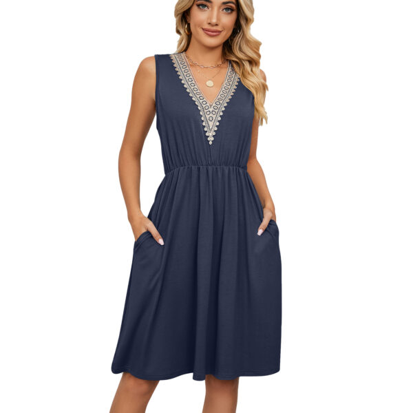 Lace Panel Sleeveless Dresss With Pocket V-neck Dresses For Women - Image 7