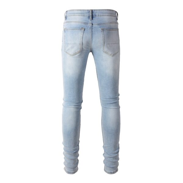Leather Patched Holes, Elastic Slim Fitting Jeans For Men - Image 3