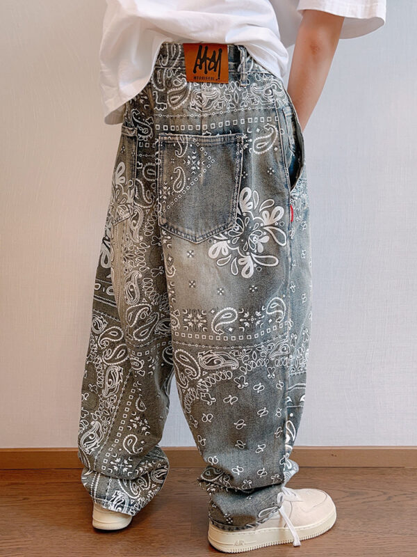 Retro Pu Shuai Worn Looking Washed-out Cashew Flower Loose Profile Jeans For Men - Image 3
