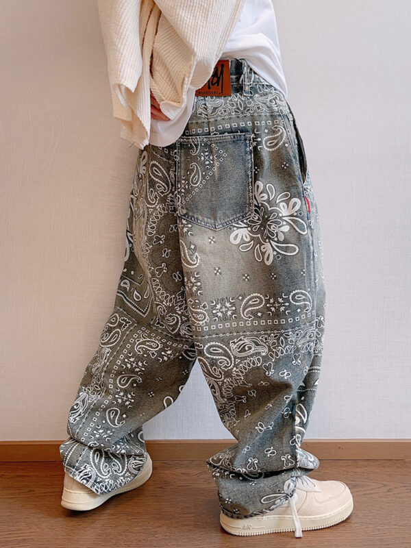 Retro Pu Shuai Worn Looking Washed-out Cashew Flower Loose Profile Jeans For Men - Image 2