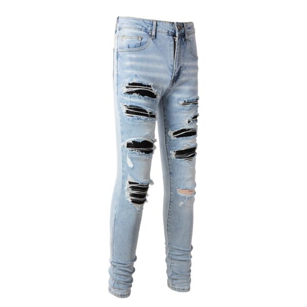 Leather Patched Holes, Elastic Slim Fitting Jeans For Men - Image 2