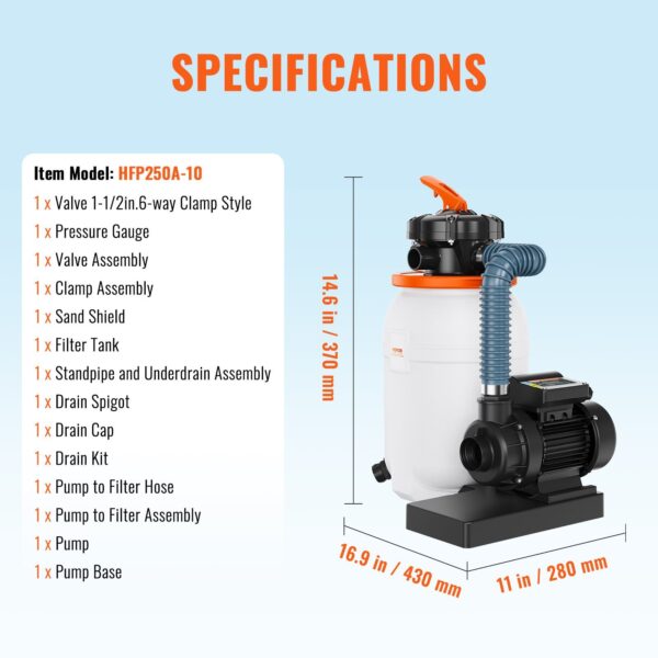 VEVOR Sand FilterPump For Above Ground Pools, 10-inch, 1585 GPH, 0.33 HP Swimming Pool Pumps System & Filters Combo Set With 5-Way Multi-Port Valve & Pressure Gauge, For Domestic And Commercial Pools - Image 4