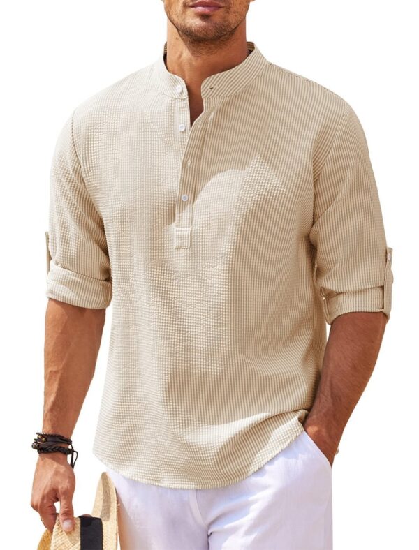 Men's Casual Shirt  Long Sleeve Stand Collar Solid Color Shirt Mens Clothing - Image 6