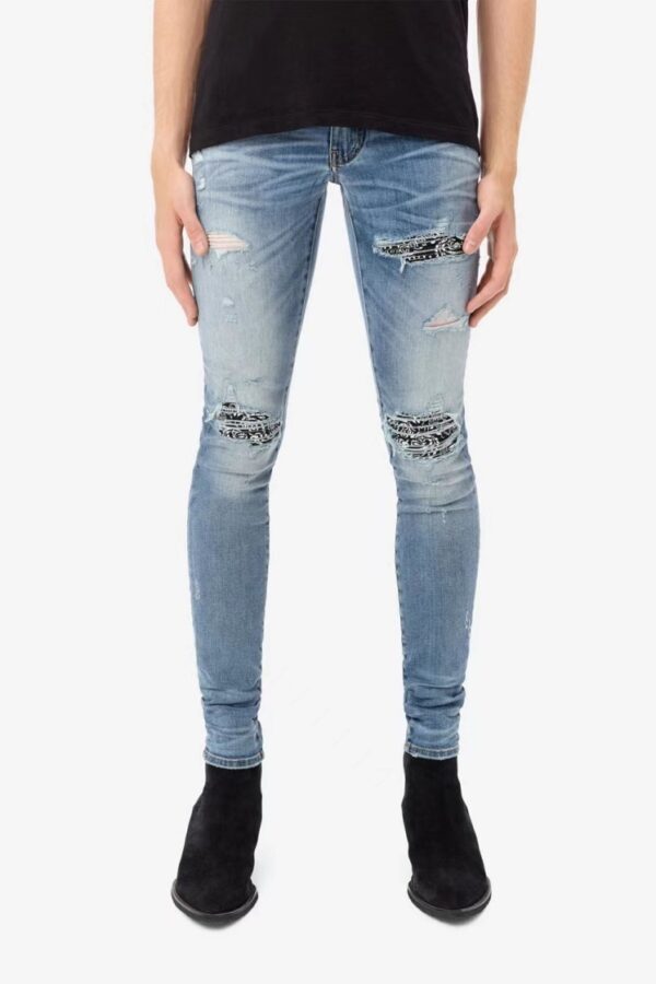 Cashew Flower Printed Patch Slim Fitting Light Colored Jeans For Men - Image 4
