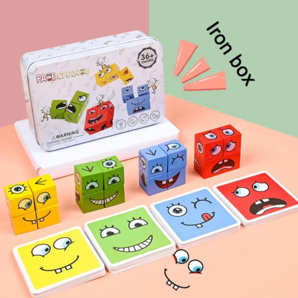 Wooden Expressions Toy Wooden Magic Cube Face Pattern Building Blocks Educational Montessori Toys Wooden Matching Block Puzzles - Image 3