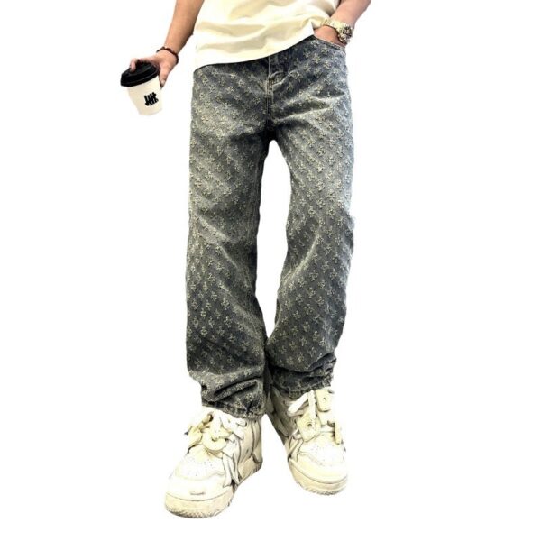Jacquard Printed High Street Design Jeans Loose Straight Washed Wide-leg Trousers - Image 9