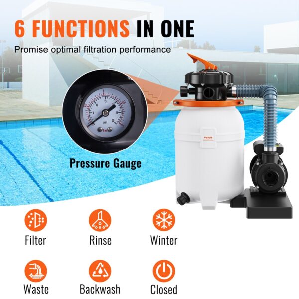 VEVOR Sand FilterPump For Above Ground Pools, 10-inch, 1585 GPH, 0.33 HP Swimming Pool Pumps System & Filters Combo Set With 5-Way Multi-Port Valve & Pressure Gauge, For Domestic And Commercial Pools - Image 7