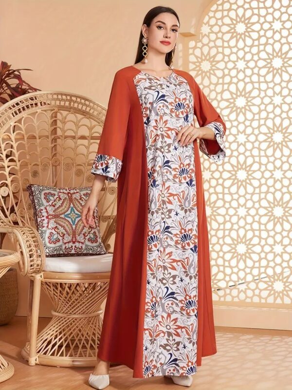 Elegant Floral Print Long Sleeved Abaya Robe Dress - Image 4