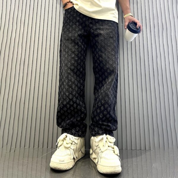 Jacquard Printed High Street Design Jeans Loose Straight Washed Wide-leg Trousers - Image 3