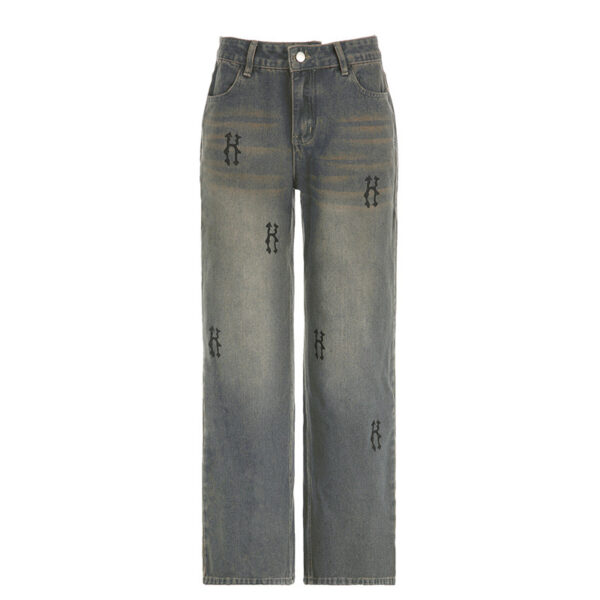 Street Cool Style Loose Design Wide Leg Trousers Loose Distressed Printed Jeans - Image 9