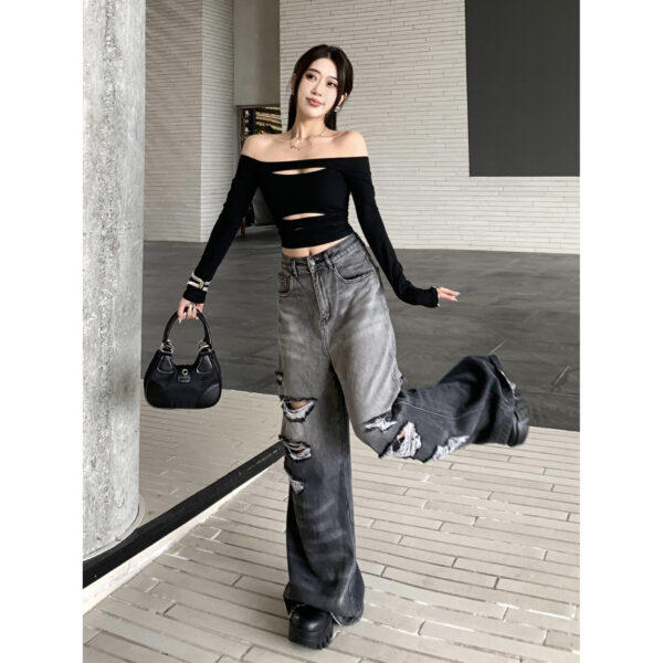 Gradient Color Big Ripped Hot Girl Wide Leg Jeans For Women - Image 2