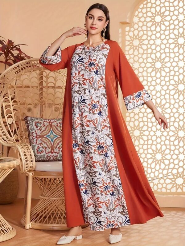 Elegant Floral Print Long Sleeved Abaya Robe Dress - Image 3