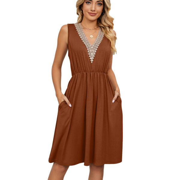 Lace Panel Sleeveless Dresss With Pocket V-neck Dresses For Women - Image 6