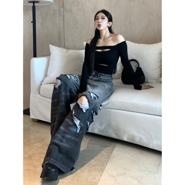 Gradient Color Big Ripped Hot Girl Wide Leg Jeans For Women - Image 3