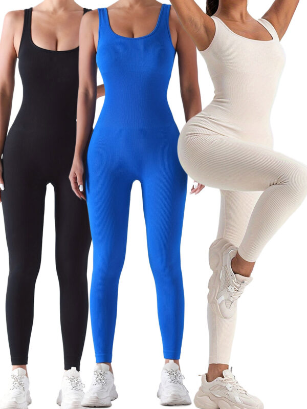 3 Pack Women's Ribbed Solid Color One-Piece Jumpsuit, Form-Fitting Sensual Activewear, Classic Sleeveless Full-Length Pants For Sport Casual Wear - Image 7