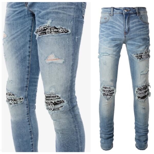 Cashew Flower Printed Patch Slim Fitting Light Colored Jeans For Men - Image 5