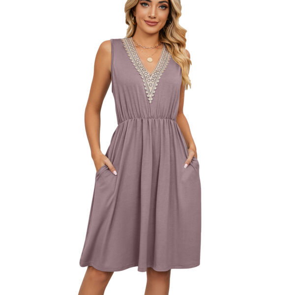 Lace Panel Sleeveless Dresss With Pocket V-neck Dresses For Women - Image 3