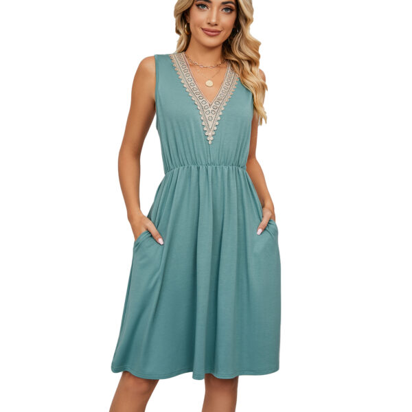 Lace Panel Sleeveless Dresss With Pocket V-neck Dresses For Women - Image 5