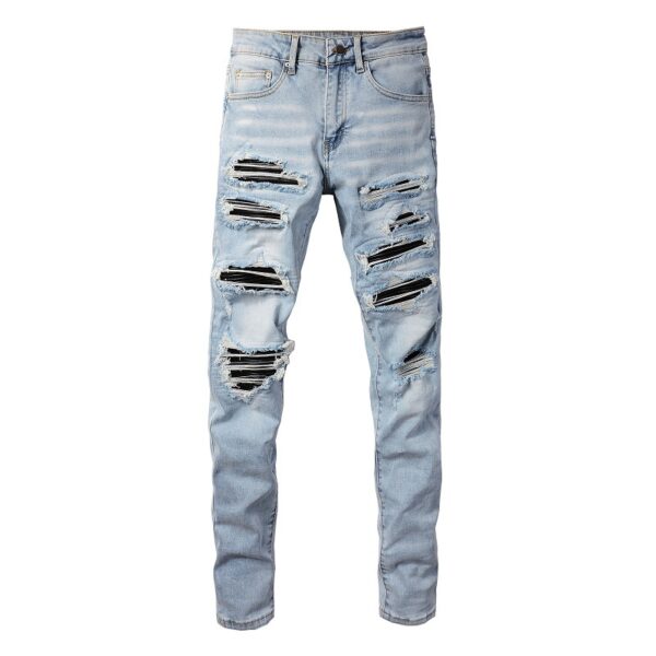Leather Patched Holes, Elastic Slim Fitting Jeans For Men - Image 4