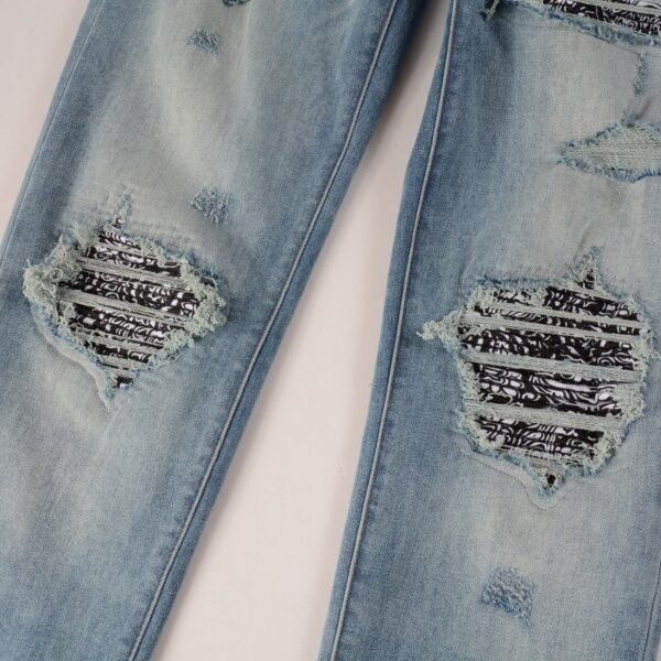 Cashew Flower Printed Patch Slim Fitting Light Colored Jeans For Men - Image 6