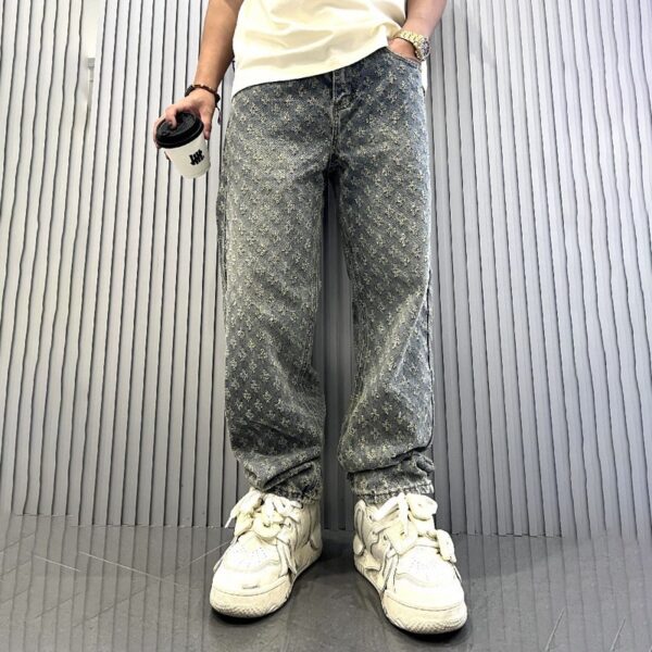 Jacquard Printed High Street Design Jeans Loose Straight Washed Wide-leg Trousers - Image 2