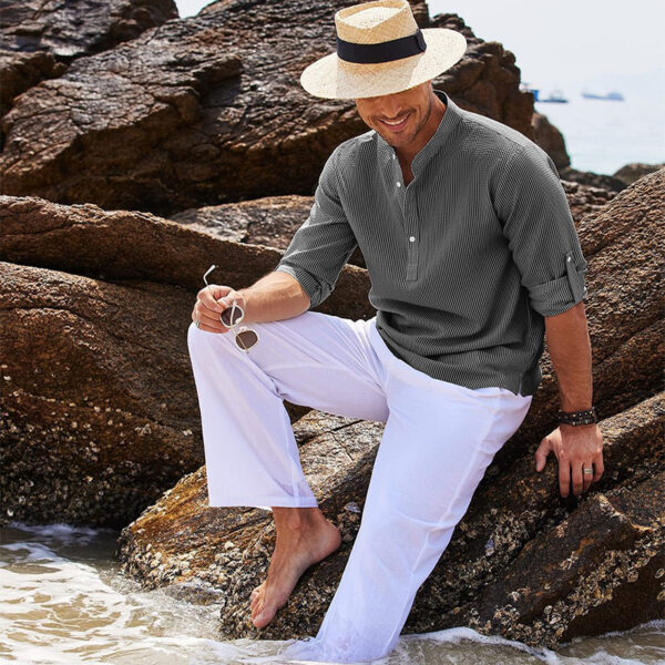 Men's Casual Shirt  Long Sleeve Stand Collar Solid Color Shirt Mens Clothing - Image 9