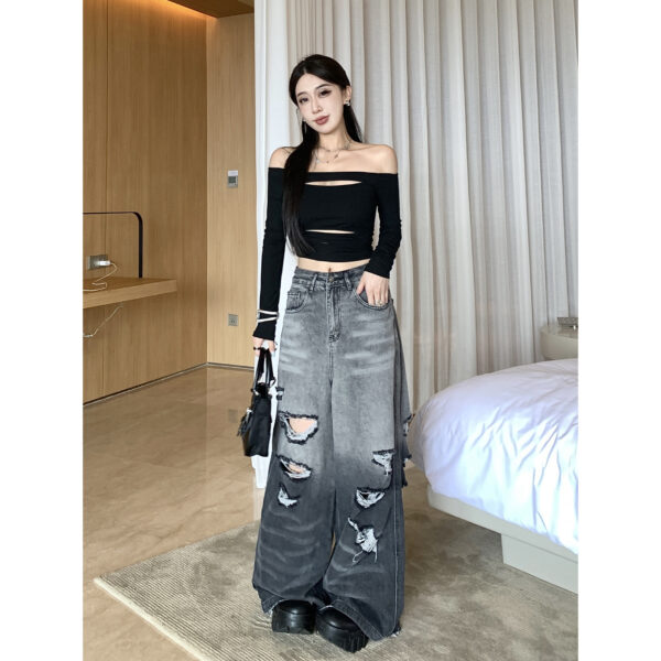 Gradient Color Big Ripped Hot Girl Wide Leg Jeans For Women - Image 5