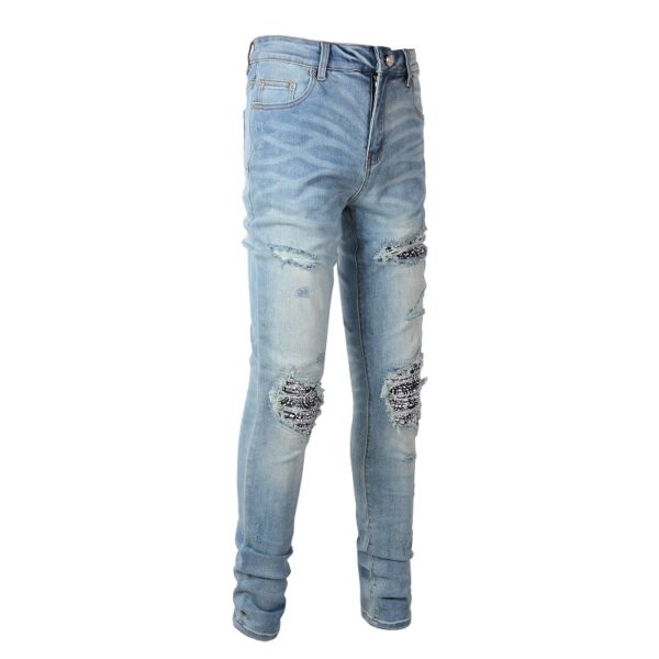 Cashew Flower Printed Patch Slim Fitting Light Colored Jeans For Men - Image 2