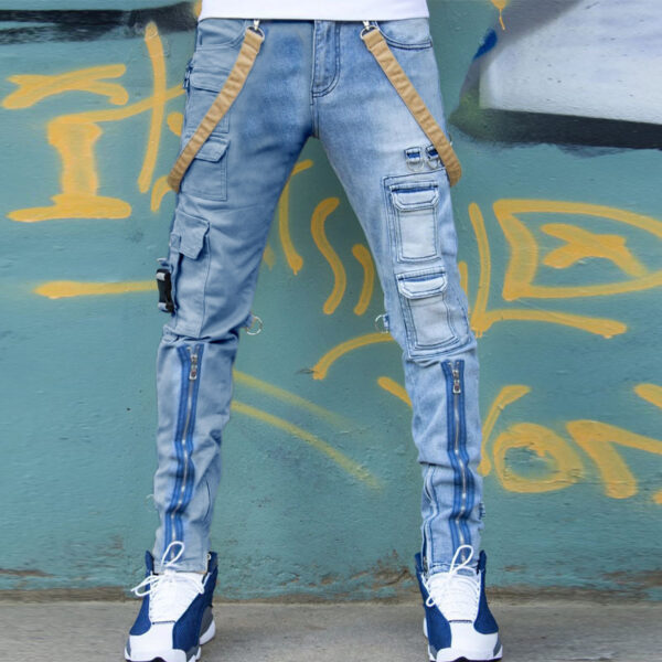 Color Block Wash Jeans Men's Trendy Brand Slim Straight-leg Pants - Image 3