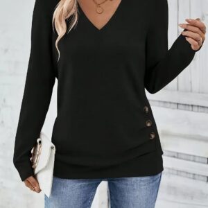 Button Front V Neck Long Sleeve Blouse, Women's Clothing