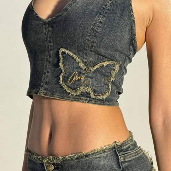 Girl Featured Loose Edge Butterfly Denim Halter Slimming Niche Vest - Image 2