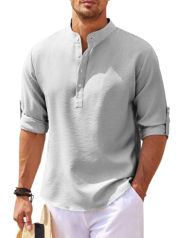 Men's Casual Shirt  Long Sleeve Stand Collar Solid Color Shirt Mens Clothing - Image 5
