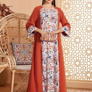 Elegant Floral Print Long Sleeved Abaya Robe Dress