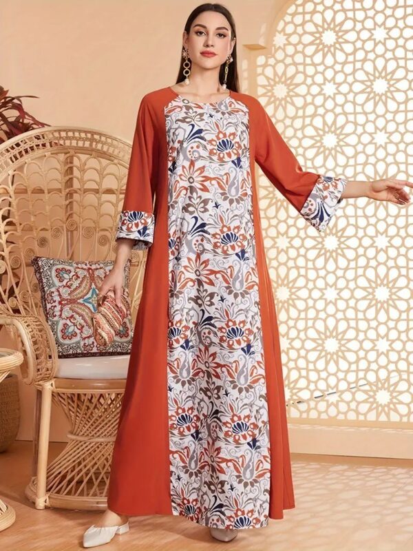 Elegant Floral Print Long Sleeved Abaya Robe Dress - Image 5