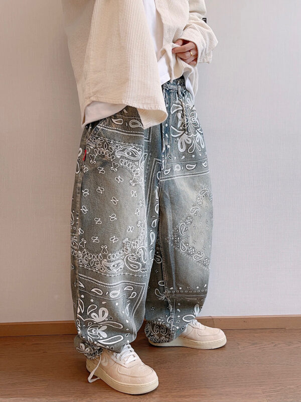 Retro Pu Shuai Worn Looking Washed-out Cashew Flower Loose Profile Jeans For Men - Image 5